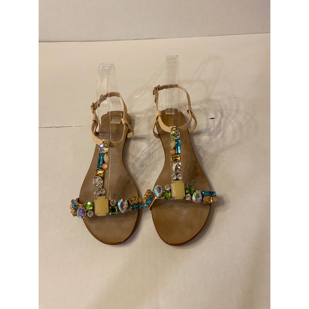 Dune London Winni Jeweled T-Strap Flat Sandals Tan/Multi‎ Color Crystal 38